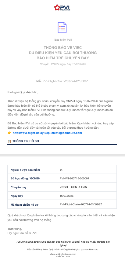Ảnh minh hoạ bước 1 - Email thông báo đủ điều kiện bồi thường